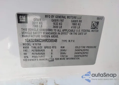 2017 GMC Yukon Slt z USA, uszkodzony, nr VIN 1GKS2BKC3HR336548